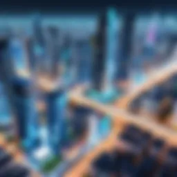 A futuristic city skyline with advanced technology integration