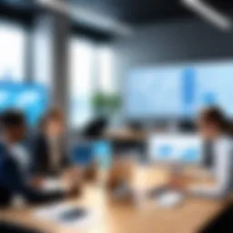 A modern office setting showcasing remote collaboration tools.
