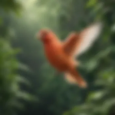 Red canary in flight with wings outstretched against a backdrop of lush greenery