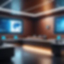 A futuristic courtroom showcasing advanced legal technology