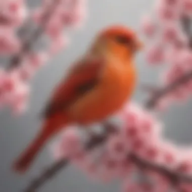 A Glimpse of Elegance: Red Canary in Blossom Majestic red canary perched on a blossoming cherry tree branch