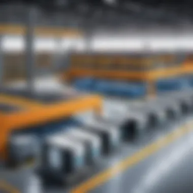 A futuristic warehouse showcasing advanced robotics and automation technologies in action.