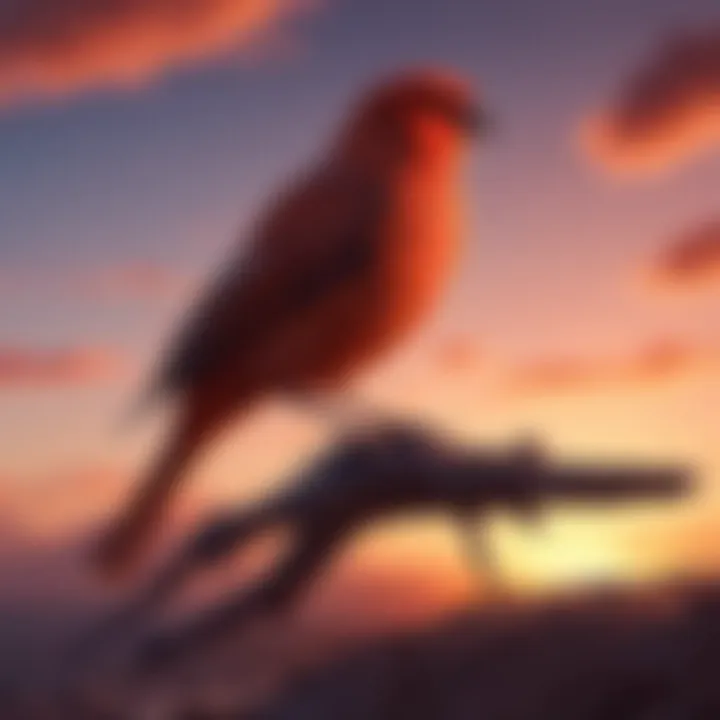 Silhouette of a red canary against a stunning sunset sky