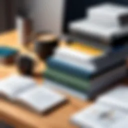 A diverse collection of business books on a wooden desk