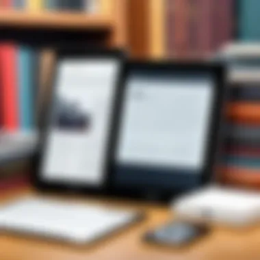 An eReader displayed against a backdrop of traditional books and tablets.